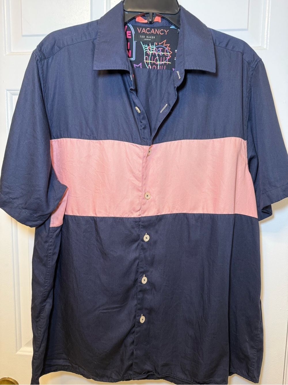 Ted Baker London Men’s Navy & Peach Striped Short Sleeve Button Down Shirt XXL